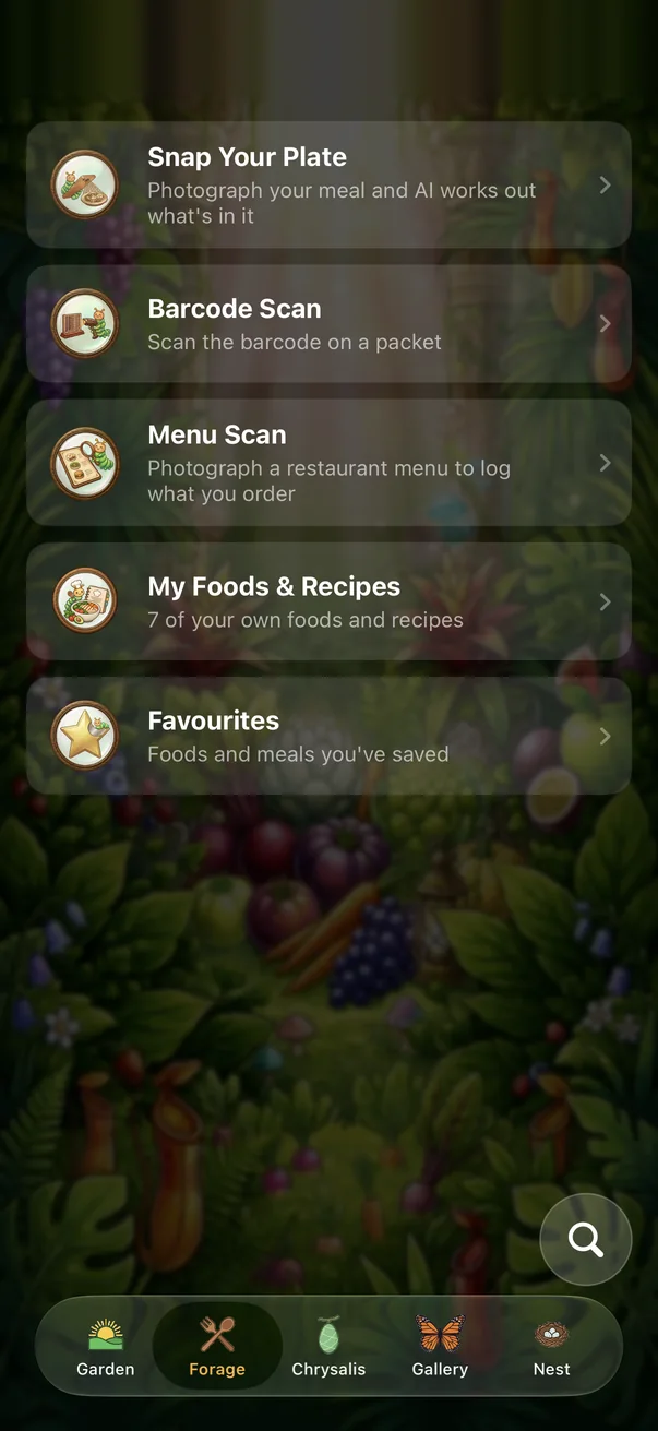 The Forage tab with five ways to log
